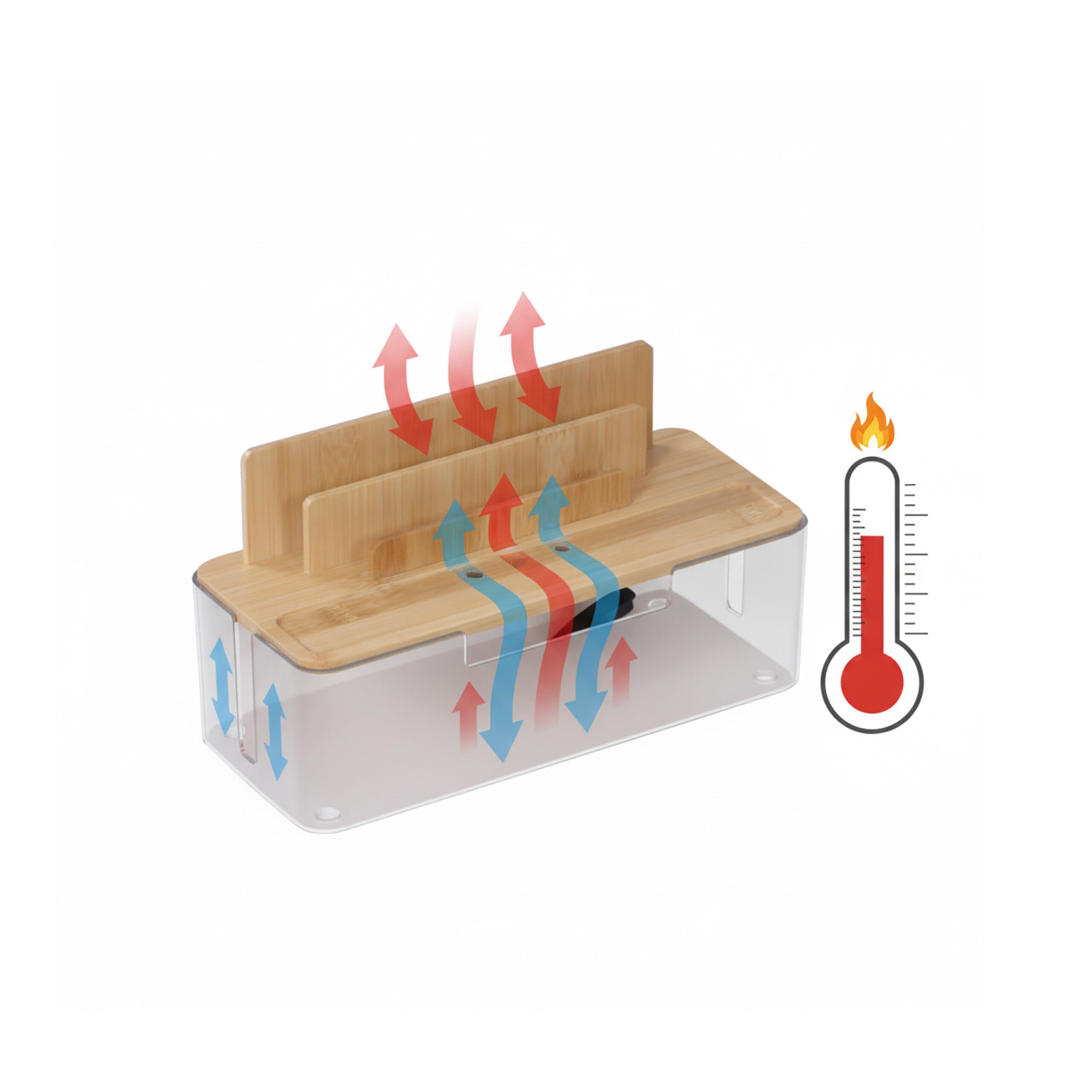 Relaxdays Scatola Porta Cavi in bambù, Supporto Cellulare/Tablet, 6 Prese, Ventilazione, Naturale/Nero 16x30x13 cm