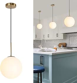 Luminária pendente de vidro de leite de 25,4 cm globo moderno de meados do século para sala de jantar, cozinha, ilha, quarto, dourado