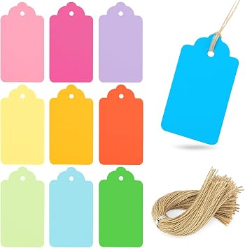 Koogel 100PCS Gift Tags with Strings3.3 * 1.8inch, Kraft Paper Tags 10 Assorted Colors Hanging Labels for DIY Crafts Baby Shower Wedding Birthday Gift