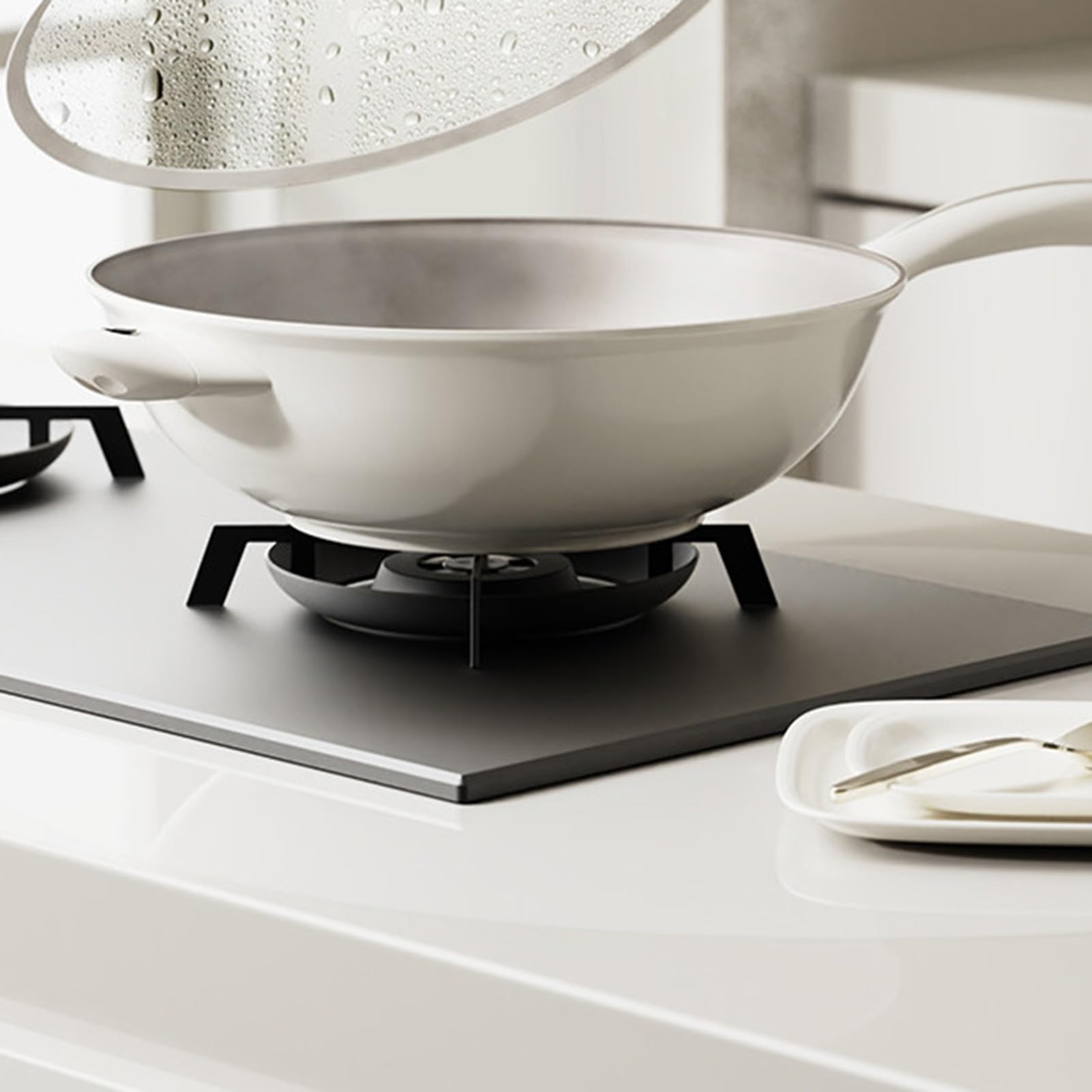 Genérico Wok, Con Mango Integrado, Woks De Fondo Plano Pre-sazonados Aleación Titanio Tapa Vidrio, Utensilios Cocina Resistentes(30cm)
