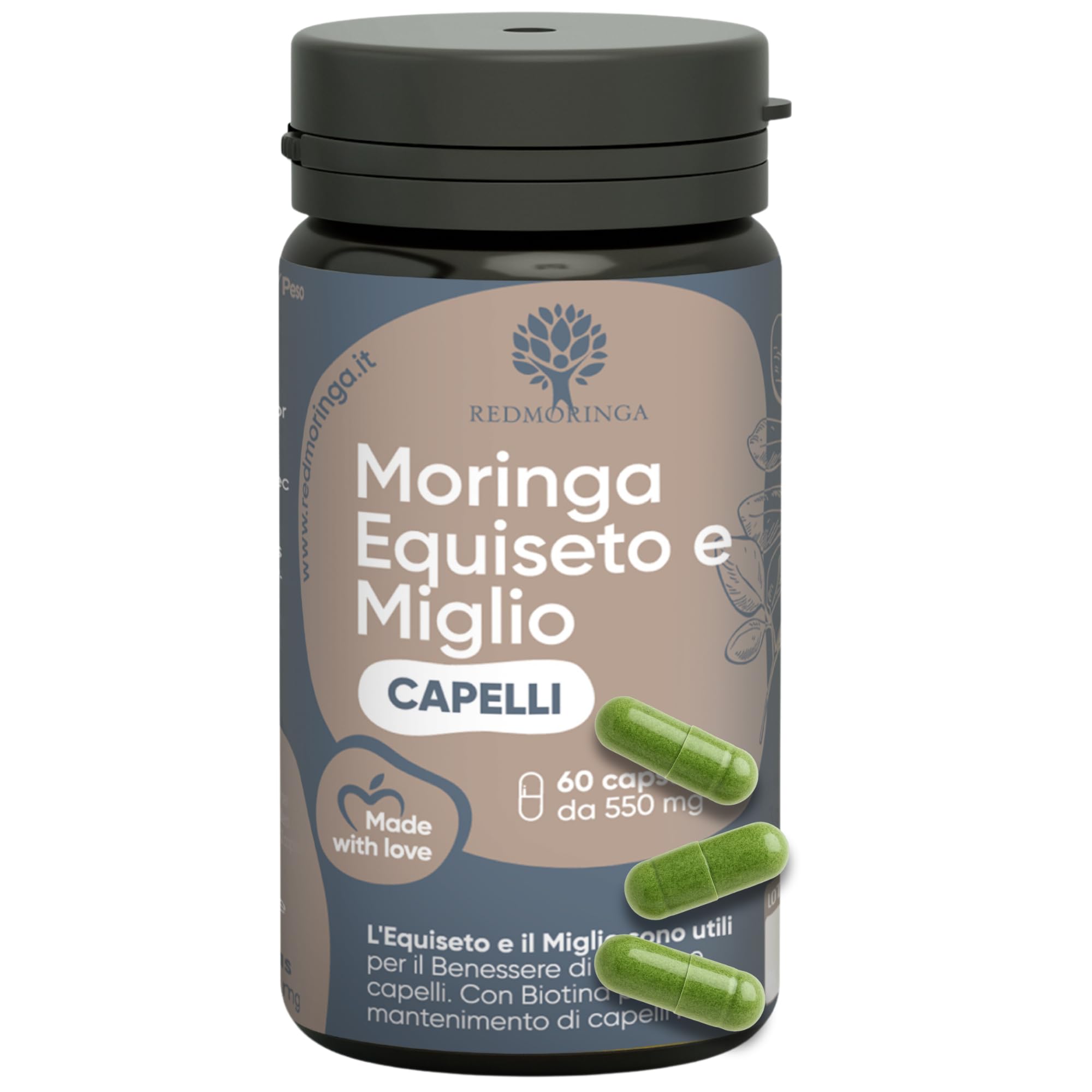 Integratore Biotina Capelli con Moringa, Equiseto, Miglio, Zinco, Cistina, Metionina | Hair Vitamins MIX UNICO | Integratore Anticaduta Capelli Donna e Uomo | 60 Capsule Made in Italy | RedMoringa