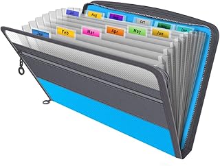 Expanding File Organiser,Fun Storage Document Folder Box Files,13 Pockets Zip Filing Folders,5 Colours,Accordian File Folder with Tabs,Expandable Documents Wallet Accordion File Organisers,Blue