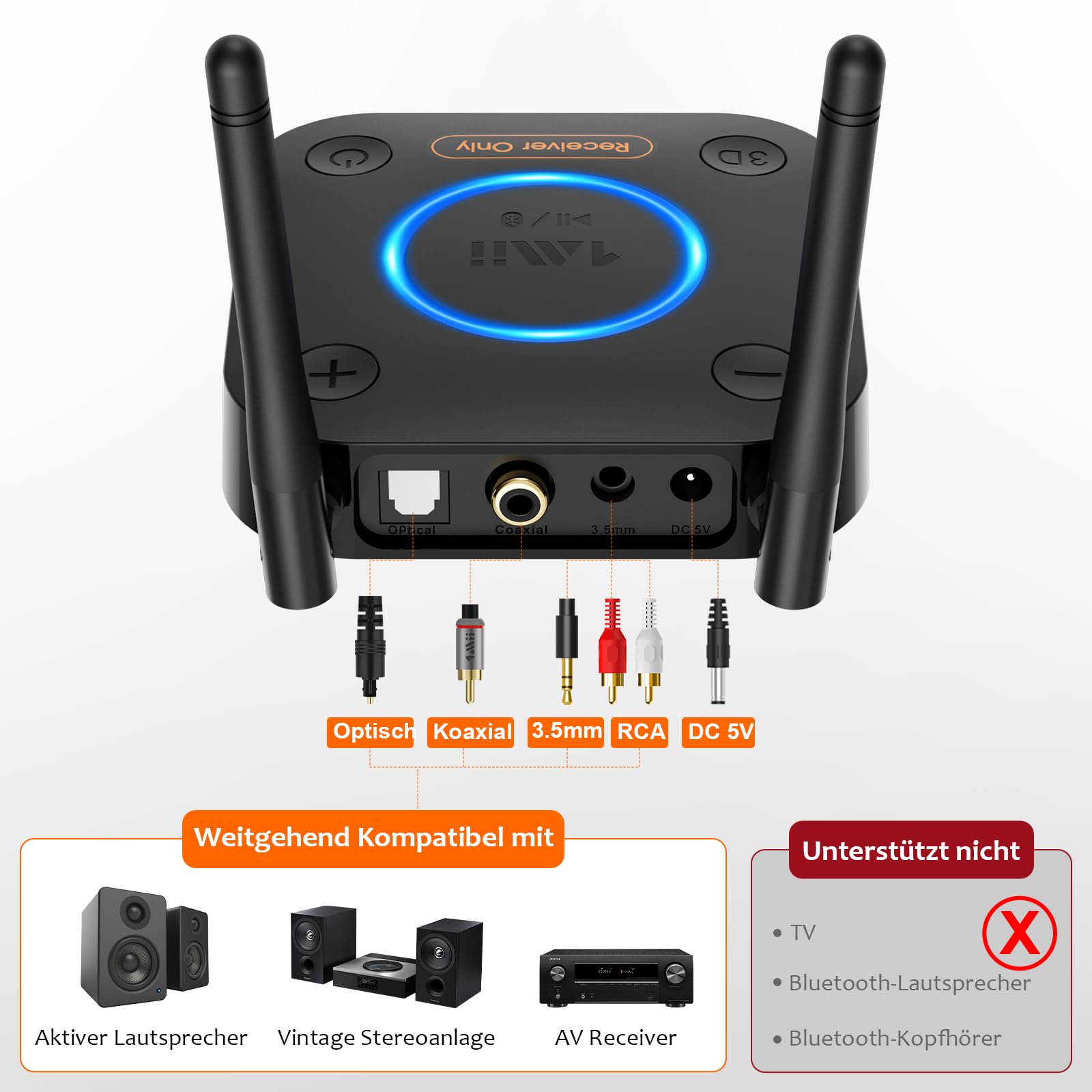 1Mii B06Pro Bluetooth 5.3 HiFi Empfänger, Kabelloser Audio Adapter aptX Low Latency 3D Surround Optisch Koaxial 3,5mm AUX