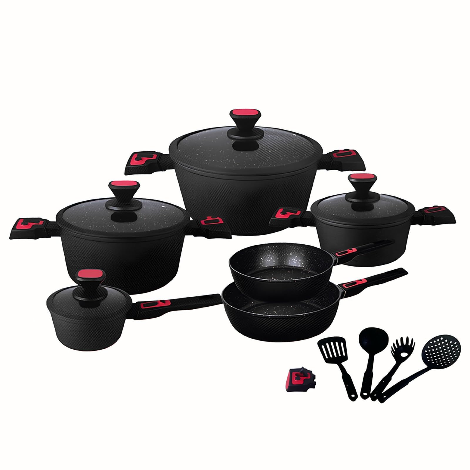 PARAMAISON Batteria Pentole e Padelle Antiaderenti, Set da 24 Pezzi con Mestoli, Coperchi in Vetro Temperato, Manico Removibile, Senza Pfoa | Nero