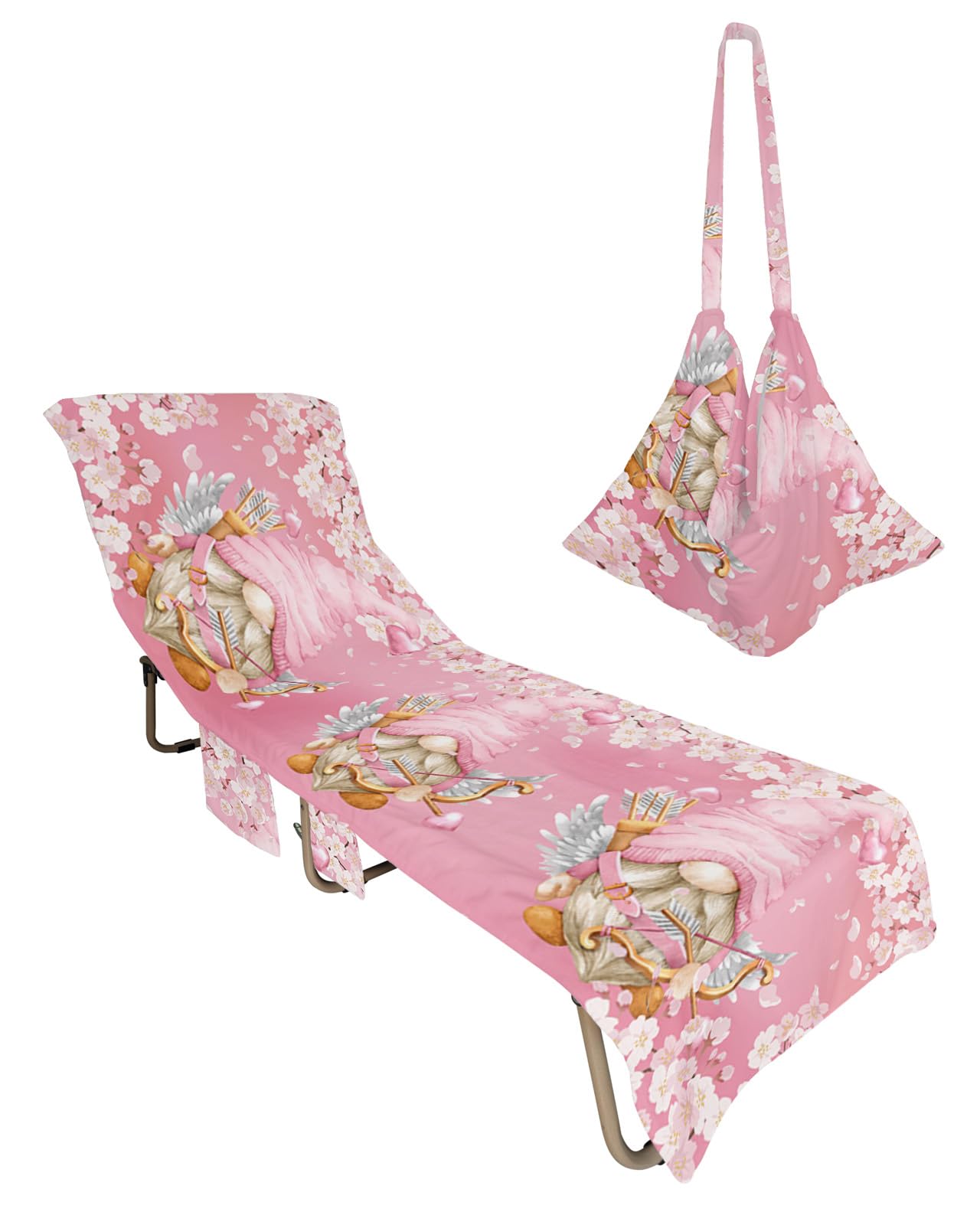 Pink Gnomes Valentines Day Beach Lounge Chair Towel Cover, Soft Chaise Lounge Towel with Side Pockets Patio Pool Chairs Cover for Beach/Pool Sunbathing 29x85 Watercolor Cherry Blossom