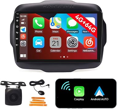 [4G 64G] Android Car Stereo FM Radio Carplay Android Auto 9" Touchscreen Headunit Media Player with Backup Camera for Jeep Renegade 2016 2017 2018 2019 2020