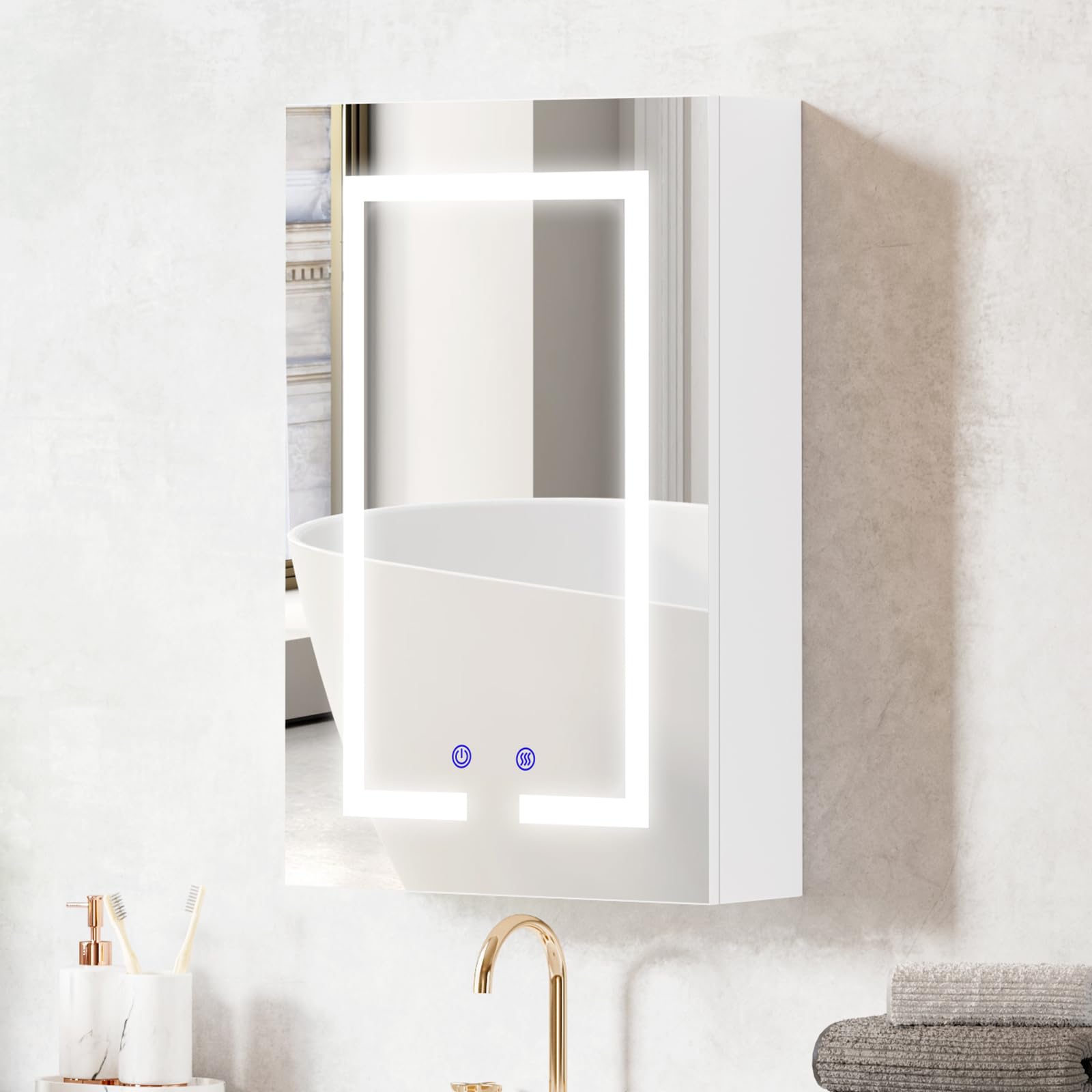 Szafka łazienkowa z lustrem LED, 400 x 600 mm, odmgławiacz, możliwość przyciemniania, 3 kolorowe lustro do makijażu, montowana na ścianie, szafka łazienkowa z oświetleniem i gniazdem