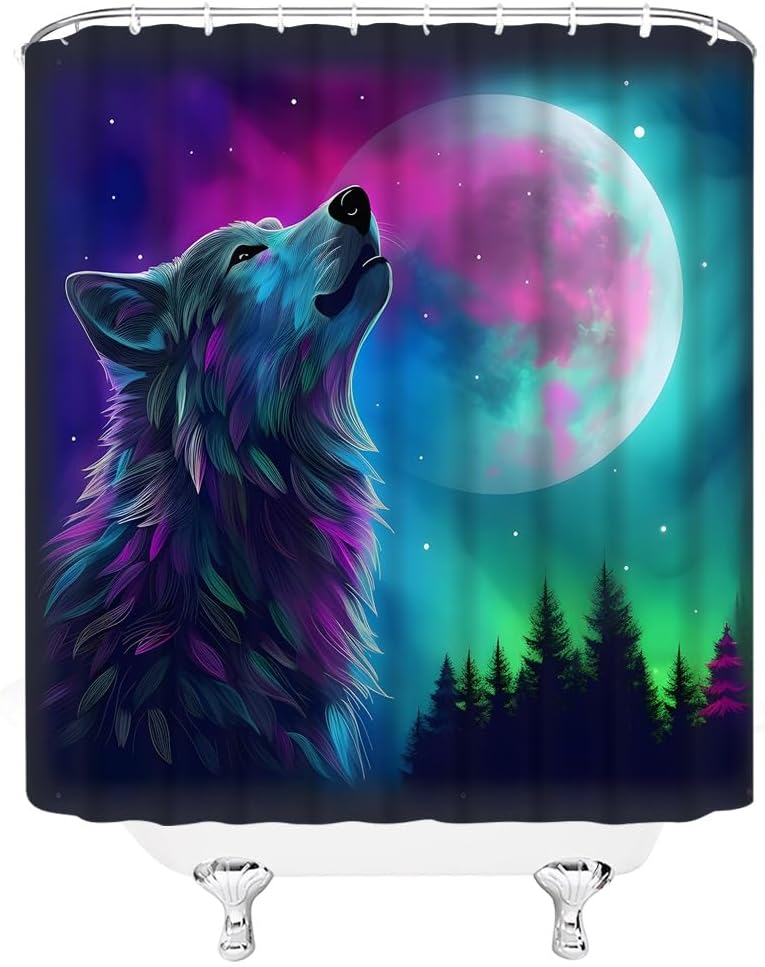 Wolf Shower Curtain Galaxy Full Moon Forest Animal Fantasy Night Starry Sky Bathroom Curtain Fabric with Hooks(70" Wx84 H)