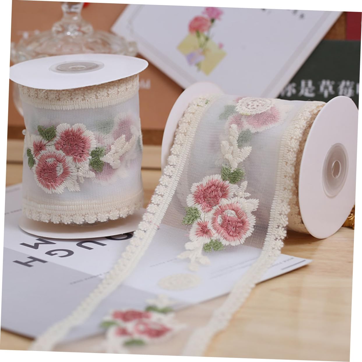 STOBOK 5rollos Cinta De Encaje Bordado Rosa Para Materiales De Accesorios Para Cabello y Tocados Metros De Encaje Decorativo Para Bodas y Manualidades