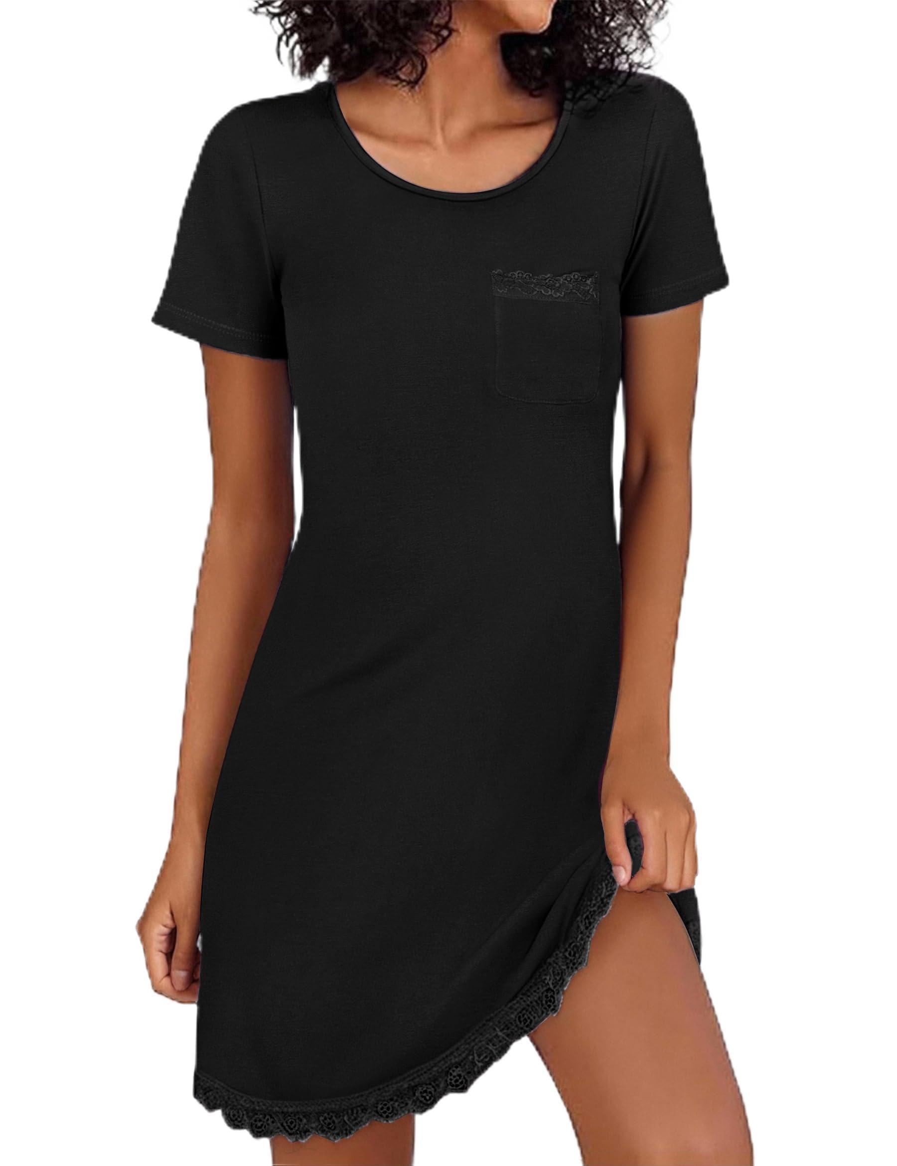 Demegimi Nachthemd Damen Schlafshirt Baumwolle Sexy Spitze Negligee Sleepshirt Kurzarm Nachtkleid V-Ausschnitt Nachtwäsche