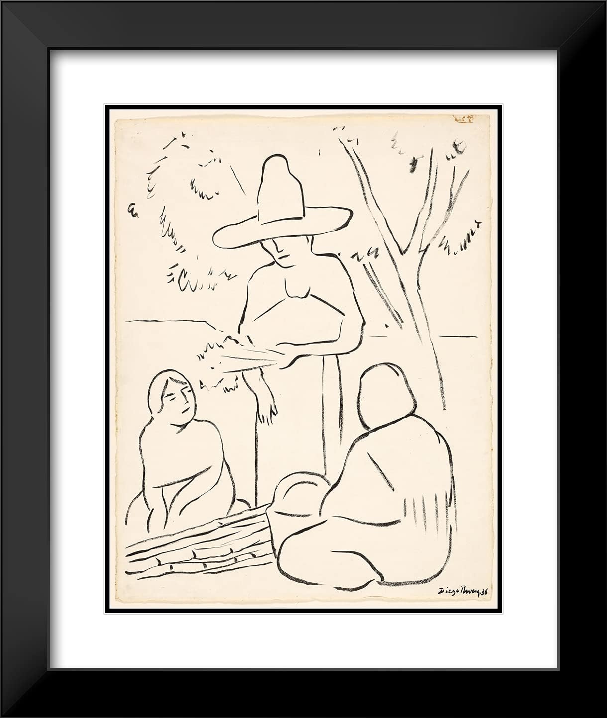 ArtDirect Diego Rivera 20x24 Black Modern Framed and Double Matted Art Print Titled Three Women Beneath a Tree