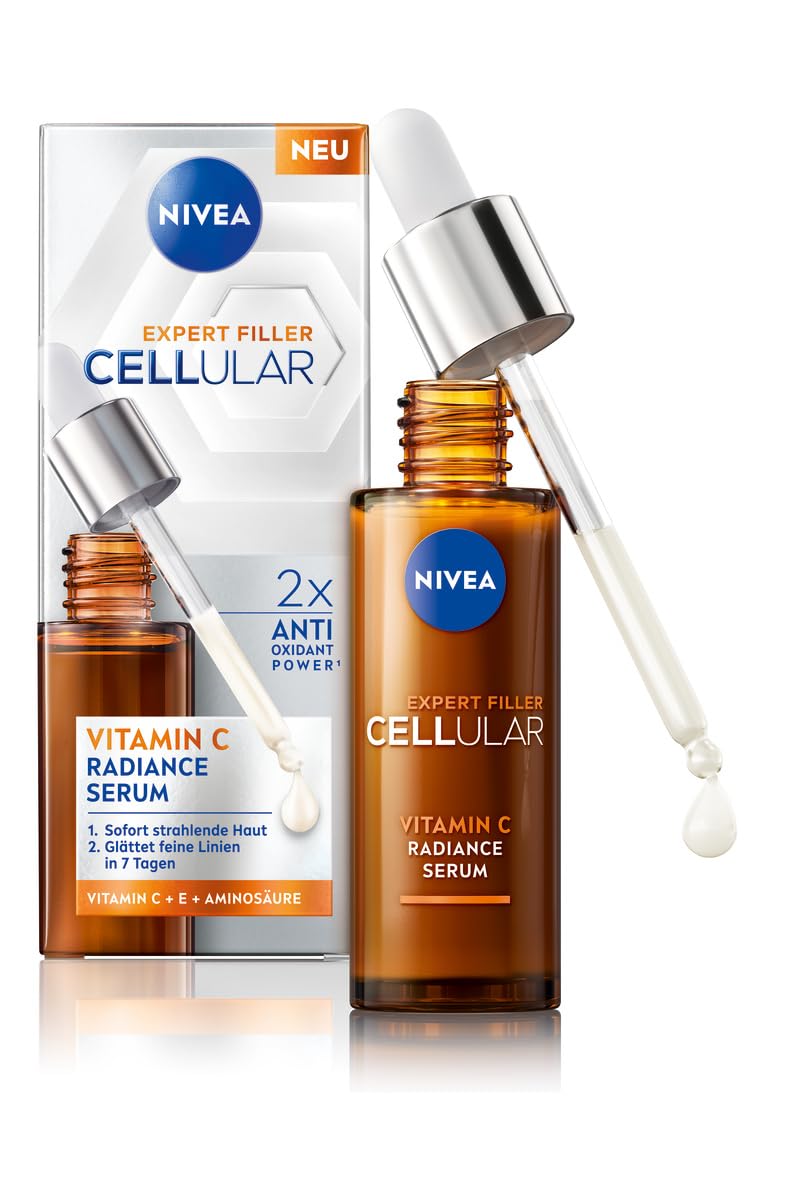 NIVEA CELLULAR Expert Filler Vitamin C Radiance Serum, leichtes Hautpflege Serum mit Vitamin E, Gesichtspflege für geglättete Falten und strahlende Haut (30 ml)
