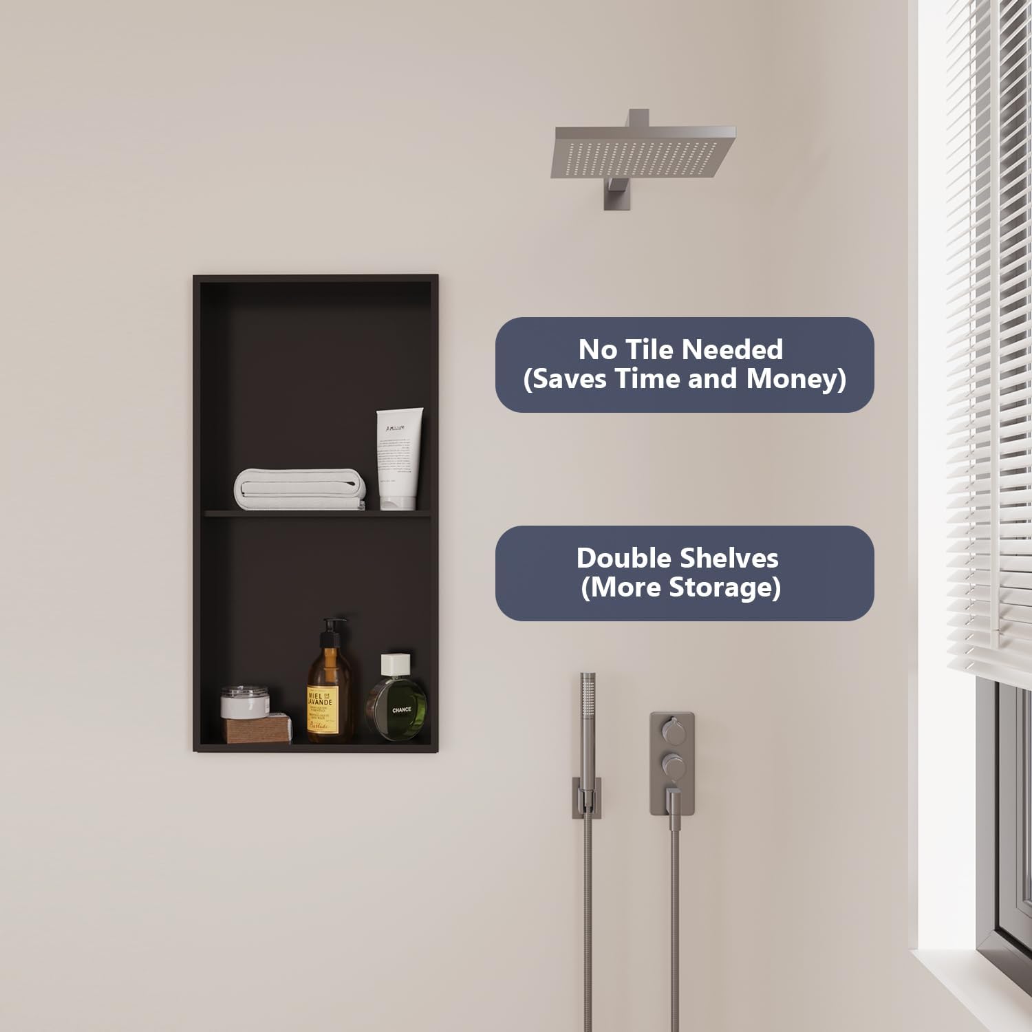 Stainless Steel Shower Niche, 12" x 24" No Tile Needed Recessed Wall Niche with Shelf for Bathroom Storage (Matte Black)