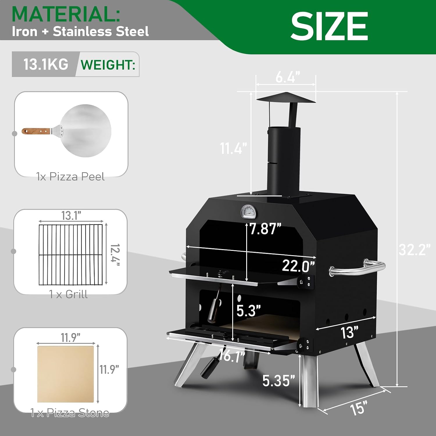 Outdoor Pizza Oven Wood Fired for Outside, 2-Layer Pizza Ovens Outside Pizza Maker with Stone, Pizza Peel, Cooking Grill Grate for Camping Backyard BBQ (Black)