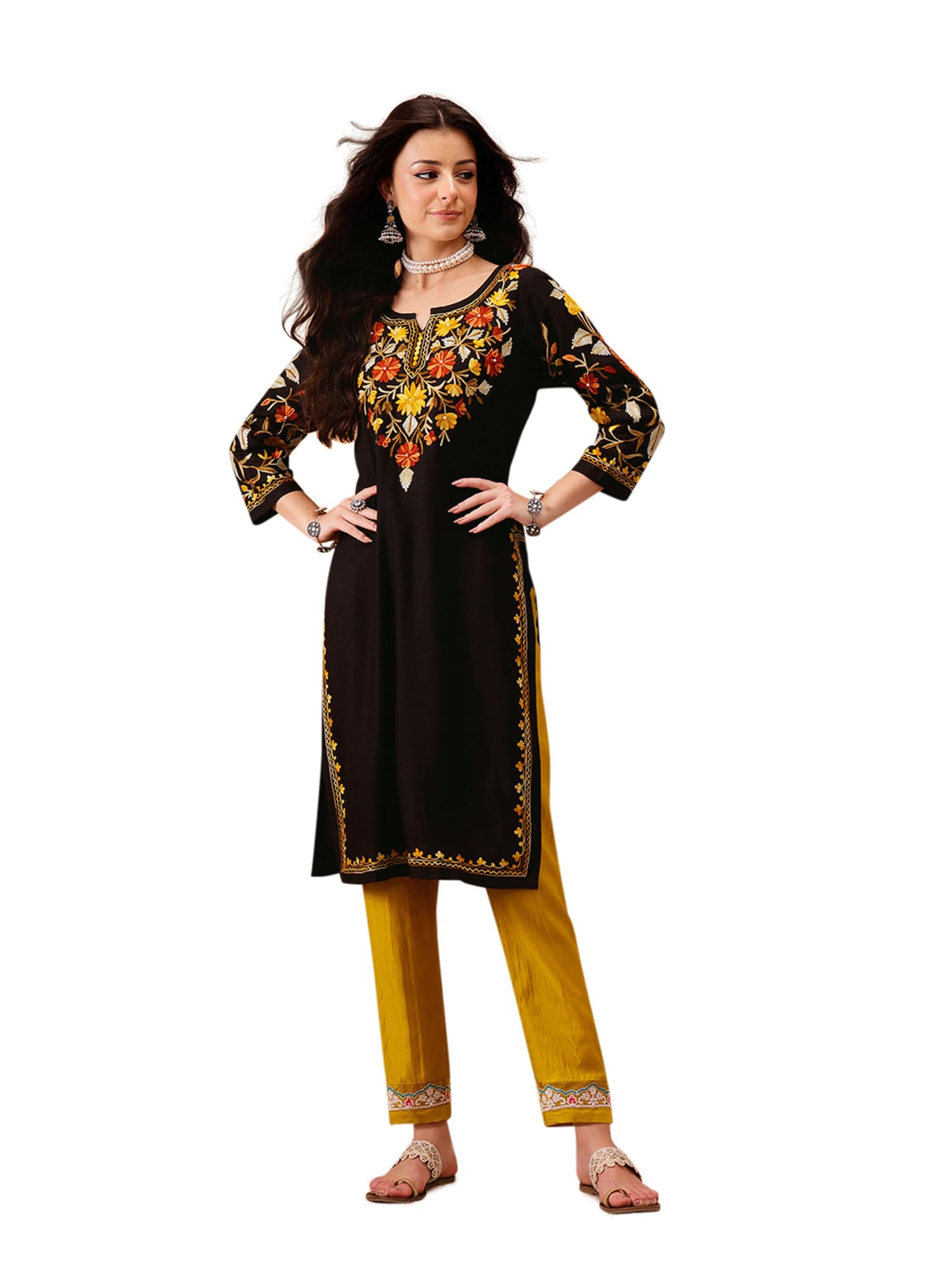 QAZMI Women's Mahnaz Kashmiri Chinarkari Work Keyhole Neck Black Kurti