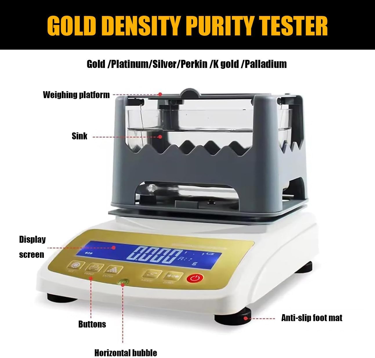 Digital Gold and Silver Tester Machine,Gold Purity Tester,300g/600g/1200g Gold Densimeter 0.01g/0.005g Digital Density Tester Meter for Gold Hygrometer Tool Jewelry Mining 300k