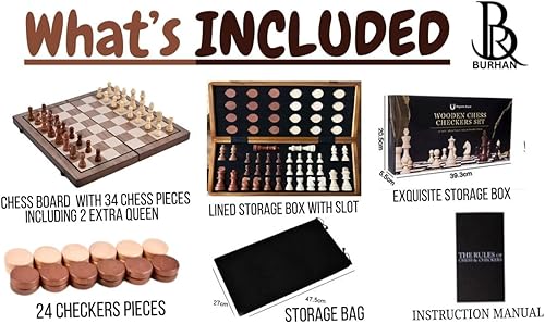 Miniatura 3 de BURHAN Juego de ajedrez magnético y damas (2 en 1) acabado de nogal premium de 15 pulgadas  Diseño plegable y tienda  Juego de viaje hecho a mano