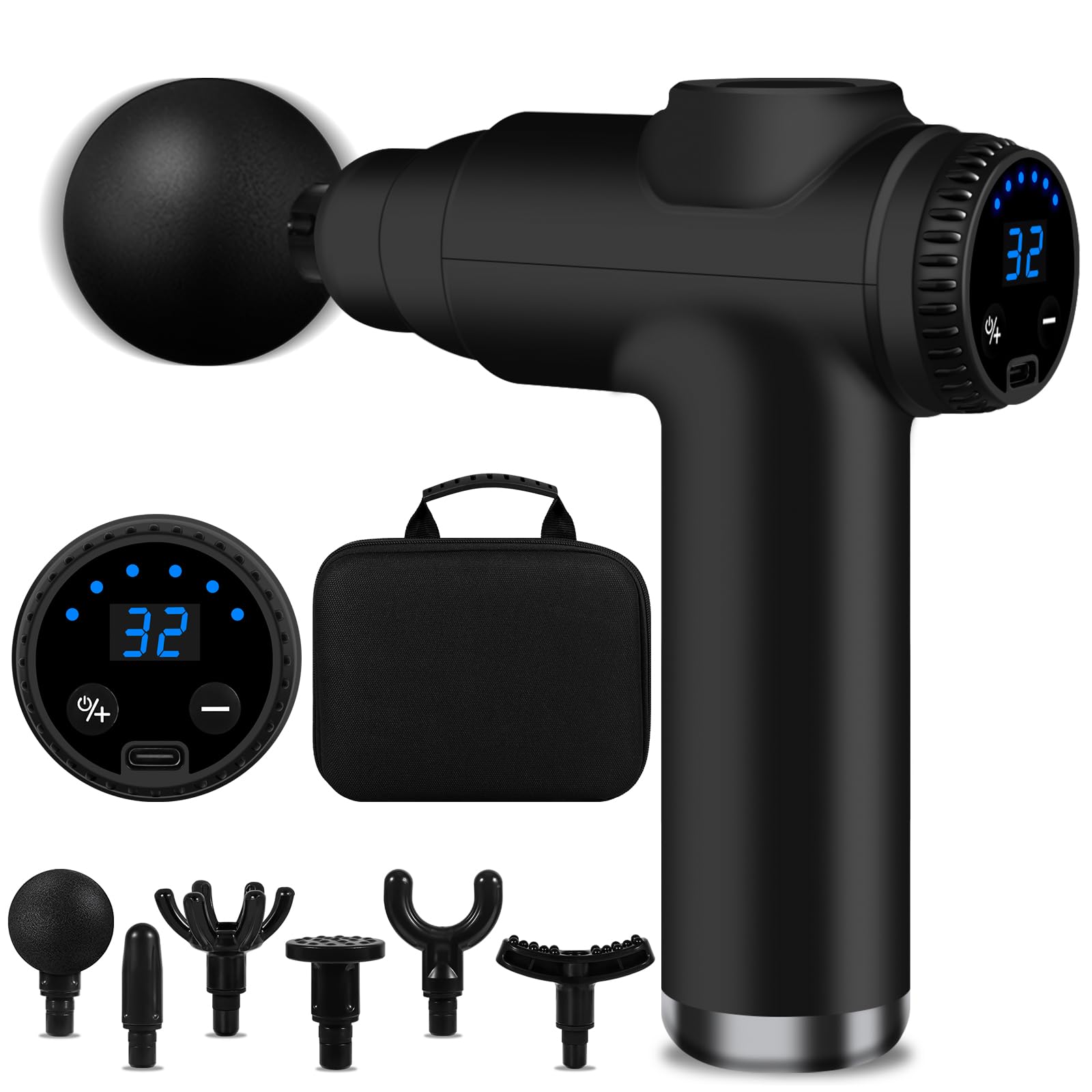 Mini Pistola de Masaje Muscular, Pistola de Masaje Ultrasilenciosa con 32 Velocidades, 6 Cabezales de Masaje, Batería de 1800mAh-Pantalla LCD, Masajeador Portátil (Negro, 6) (6, 1, unidad)