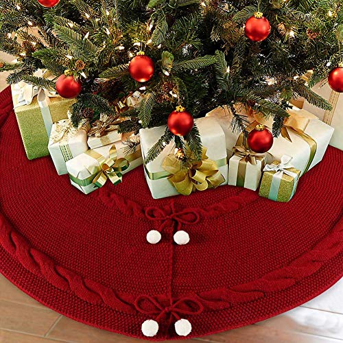 OurWarm Knitted Christmas Tree Skirt, 48 Inch Large Red Tree Skirt for Christmas Decorations Holiday Luxury Thick Tree Xmas Ornaments