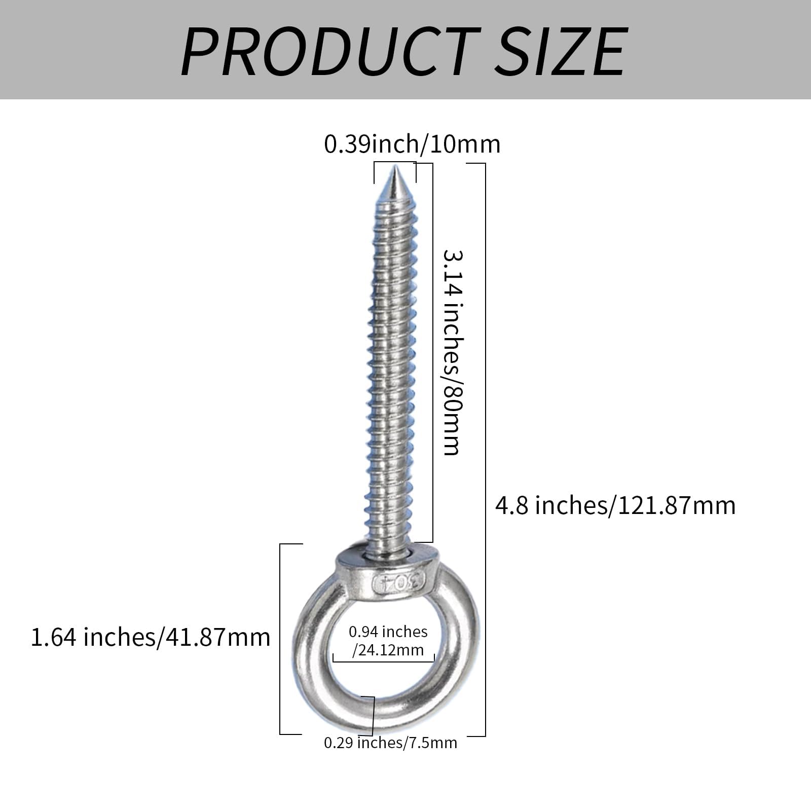 Lot de 4 crochets à œillet à vis de 12 cm M10 - Capacité de charge de 230 kg - Boulons à œil robustes - Grand crochet et œillet à vis pour support de hamac, chaise balançoire, yoga, utilisation