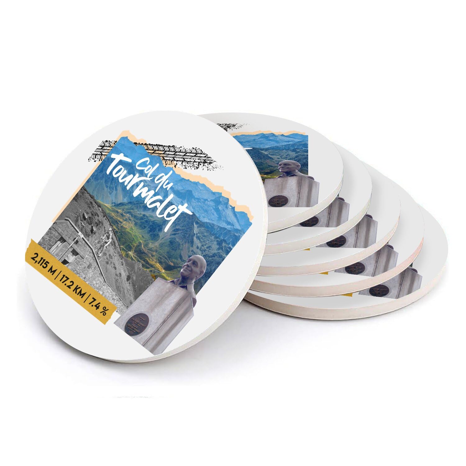 Sous-verre cyclisme Tourmalet, lot de 6 dessous de verre en céramique, cadeau idéal vélo