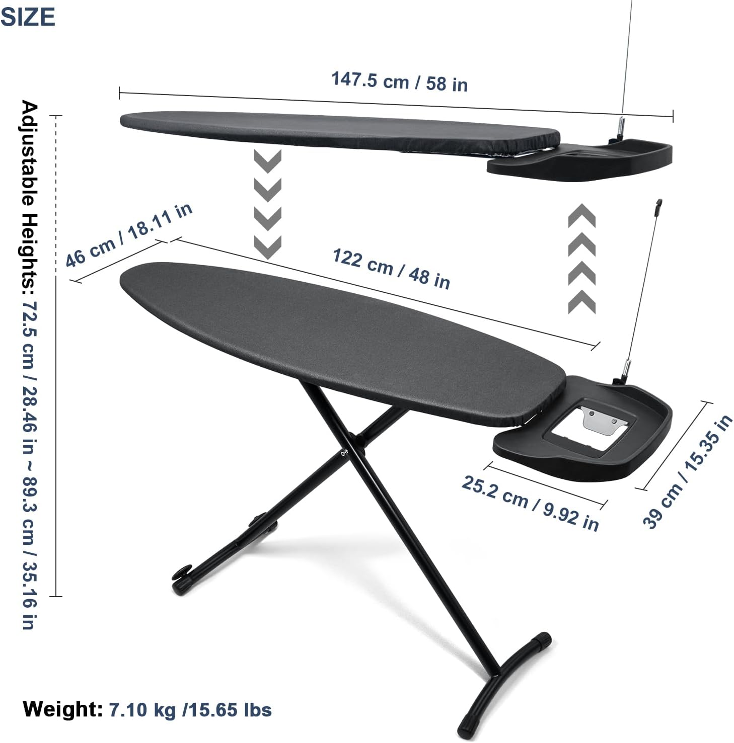 Duwee 18" ×48" Ironing Board with Retractable Iron Rest,Extra Wide Ironing Board Full Size, Heat Resistant Cover with Thicken Padding,Adjustable Height,Heavy Sturdy Legs with Wheels,Black
