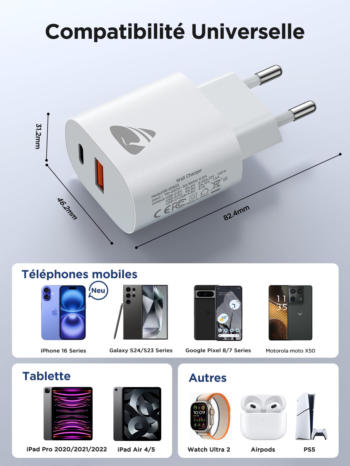 2Pack Chargeur USB C, 20W Prise USBC Adaptateur Secteur Type C PD+QC Double Mural