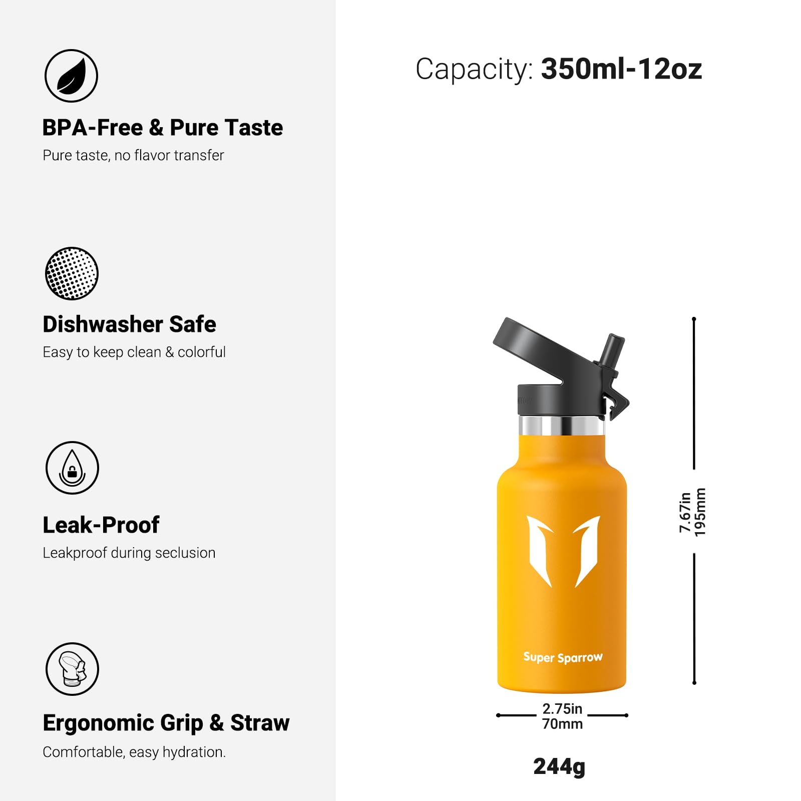 Super Sparrow Borraccia Termica, Acciaio Inox Bottiglia Termica - 350ml, 500ml, 750ml, 1L - Senza BPA Borracce, Borraccia Bambini per Scuola, Sport, Campeggio, Yoga, Palestra, Ciclismo