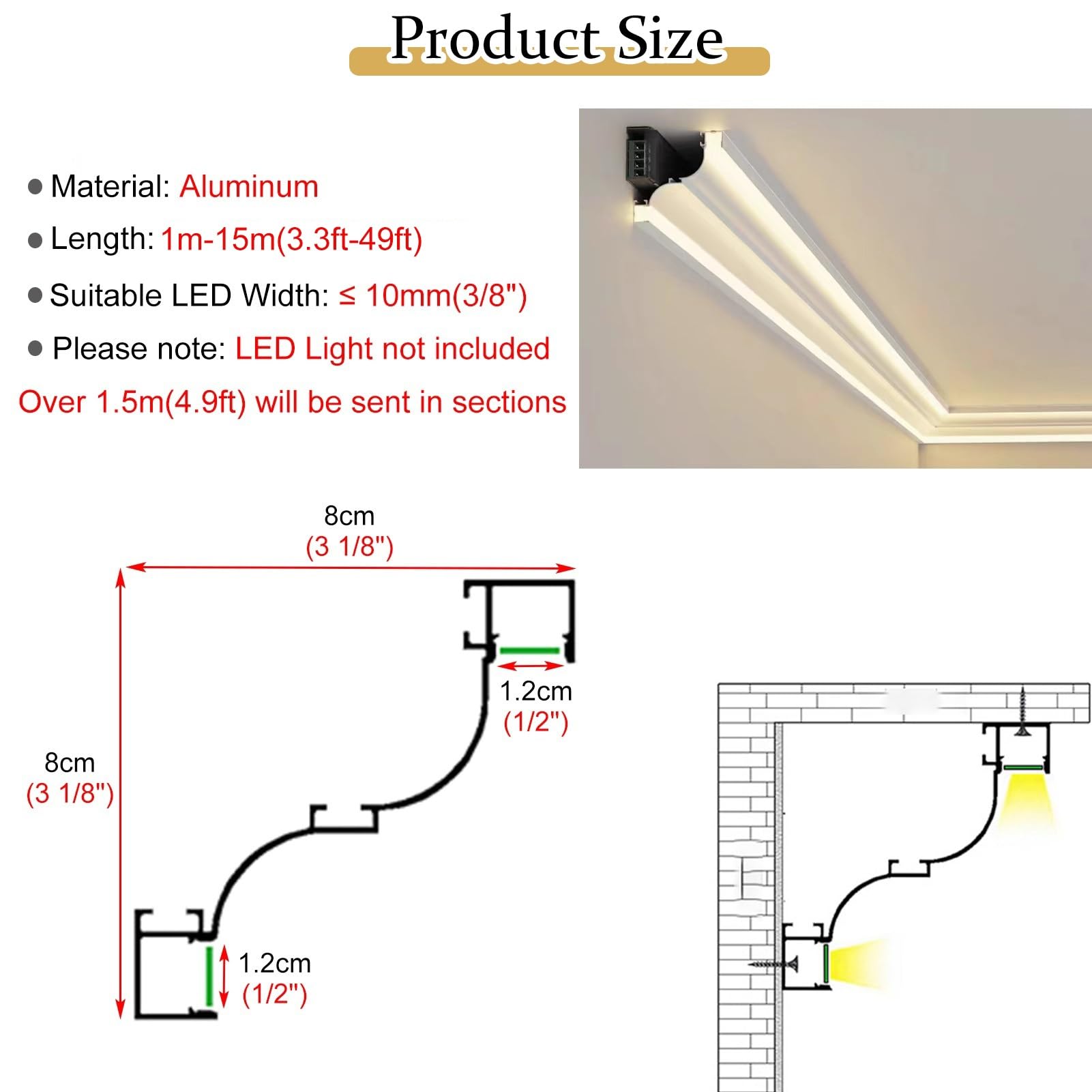 Listwa wykończeniowa sufitowa, aluminiowa listwa LED, dyfuzor świetlny, biała listwa sufitowa, dekoracja do oświetlenia pośredniego, 1 m, dekoracyjny kanał wykończeniowy sufitowy do domu