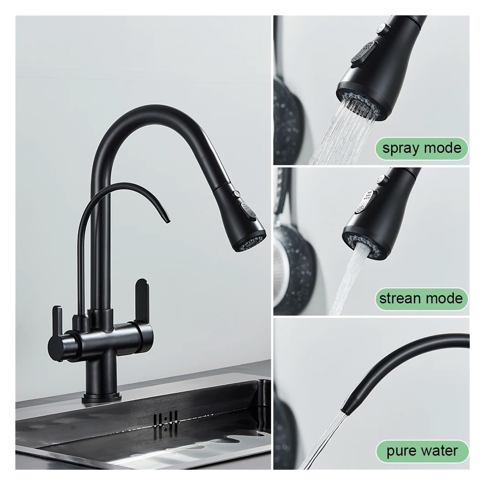 Rubinetto da Cucina con Filtro in Ottone, Beccuccio Girevole Estraibile, Doppia Maniglia, Miscelatore Filtrante, Compatibile con La Cucina, Rubinetto per Lavell,Black A