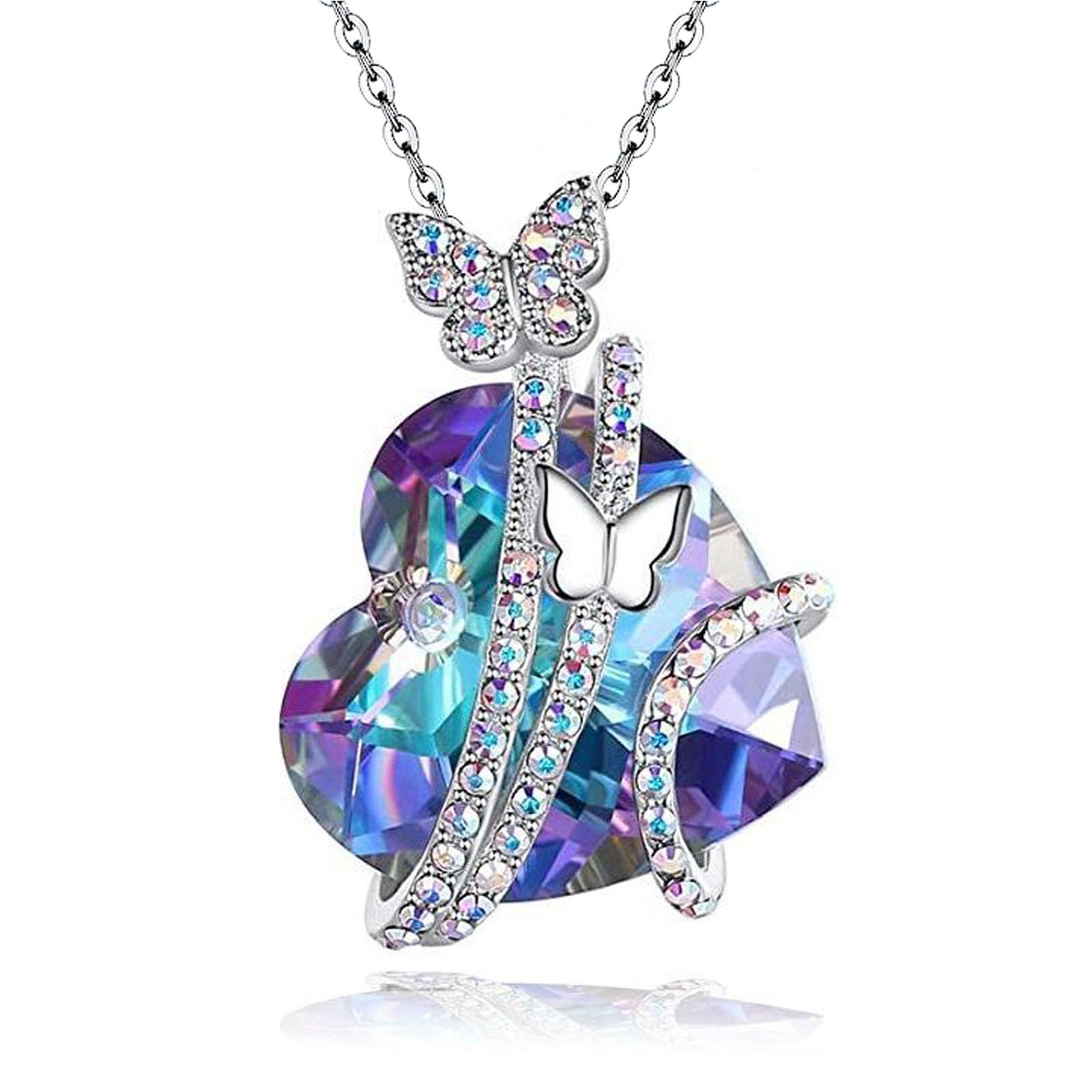 CTEW Blue Heart Cubic Zirconia Crystal Drop Pendant Necklace for Women 14K Gold Plated Crystal CZ Dainty Choker Necklace | Silver Necklaces Wedding Necklace for Women