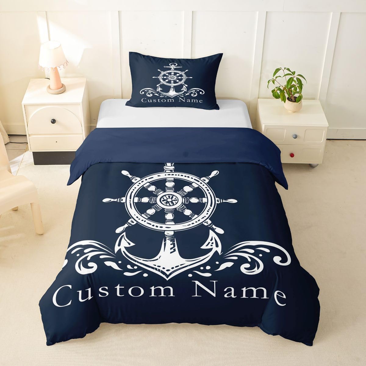 Erosebridal Nautical Anchor Comforter Cover, Custom Name Ocean Sailboat Navy Blue Duvet Cover Twin Size for Kids Teens Adult, Coastal Compass Bedding Set, Blue Ocean Theme Quilt Cover Bedroom Decor
