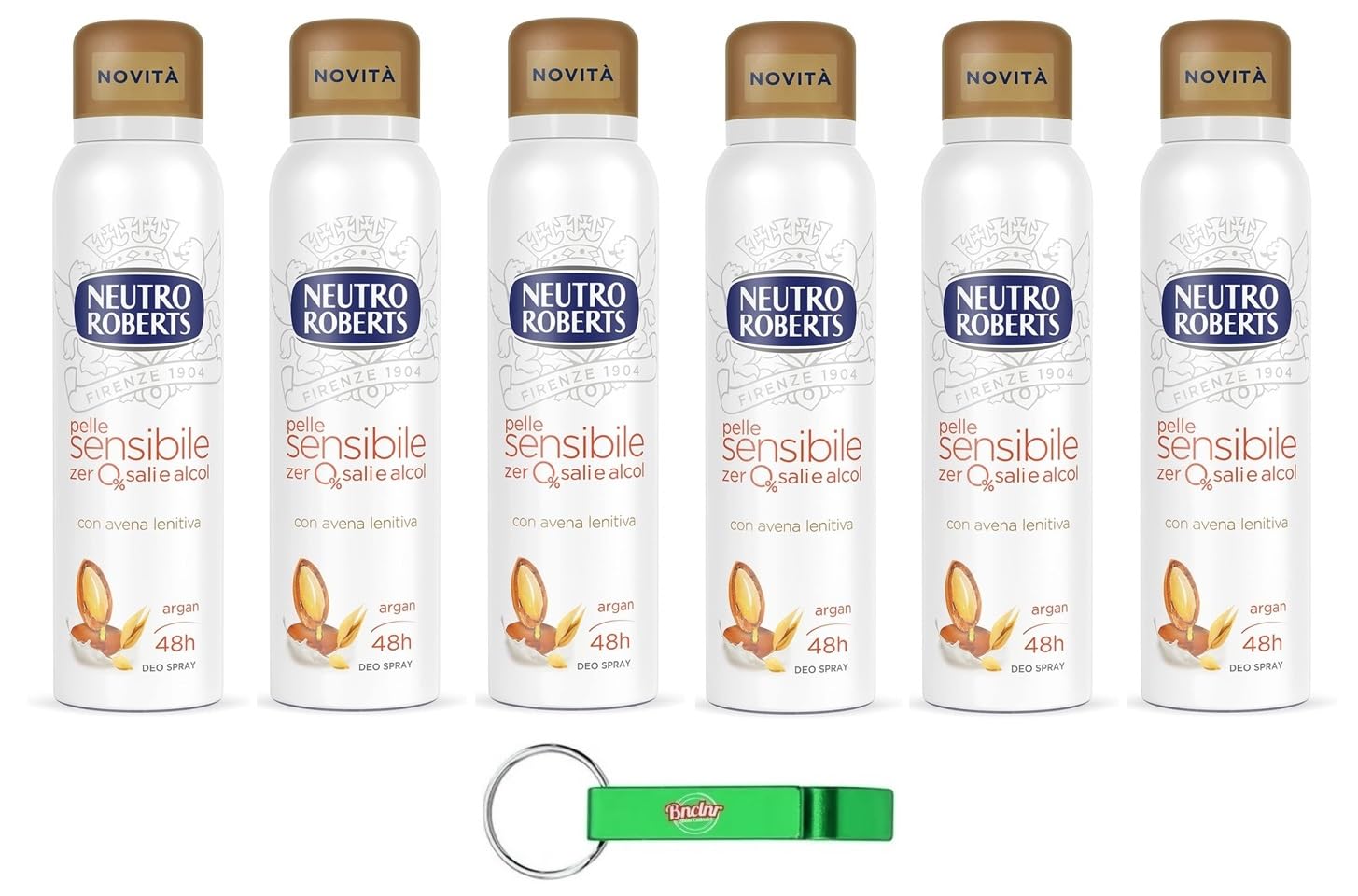 Neutro Roberts Avena Lot de 6 déodorants en spray pour peaux sensibles à l'avoine et à l'argan Efficace 48 heures Sans sels ni alcool 150 ml + porte-clés Beni Culinari