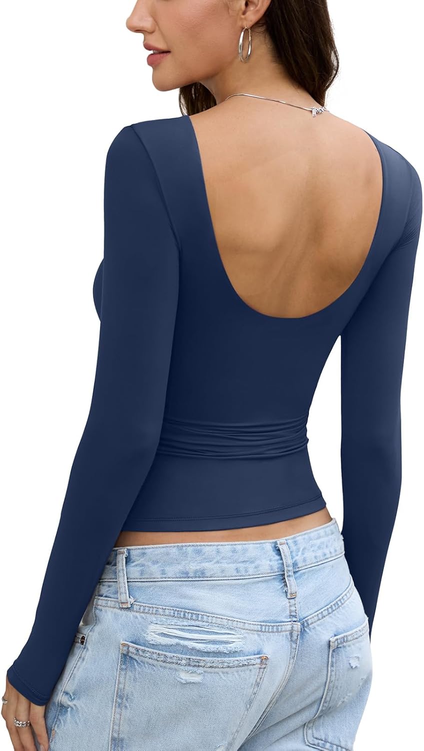 Womens Backless Double Lined Top Long Sleeve Y2K Going Out Top Sexy Open Back Boat Neck Shirt Slim Fit Spring Fall Tee