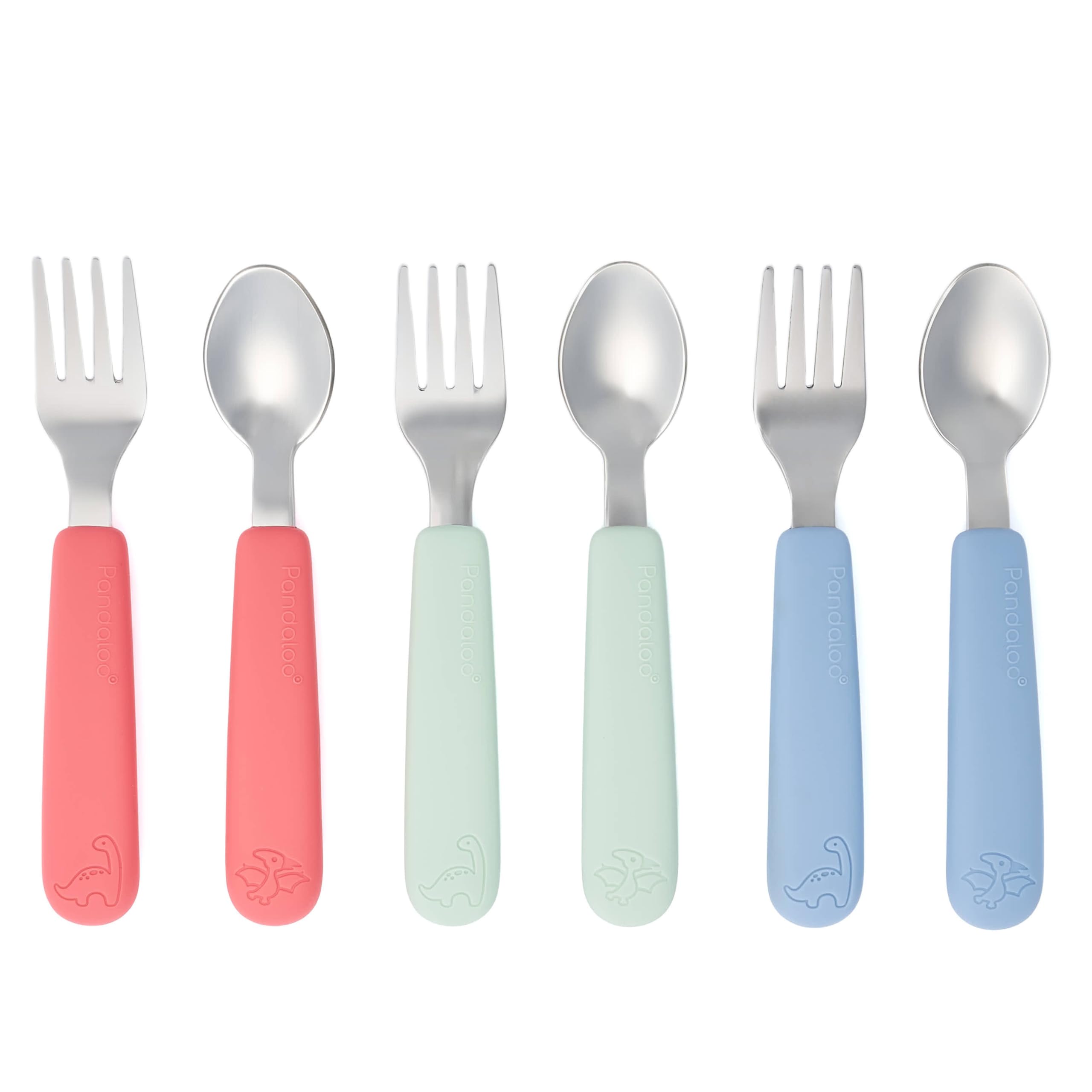 Pandaloo Kids Silverware with Soft Silicone Handle | Toddler Fork &amp; Spoon Set (6pcs) | Toddler Utensils | Food-Grade Silicone + Stainless Steel | Dishwasher Safe | Encourages Independent Eating