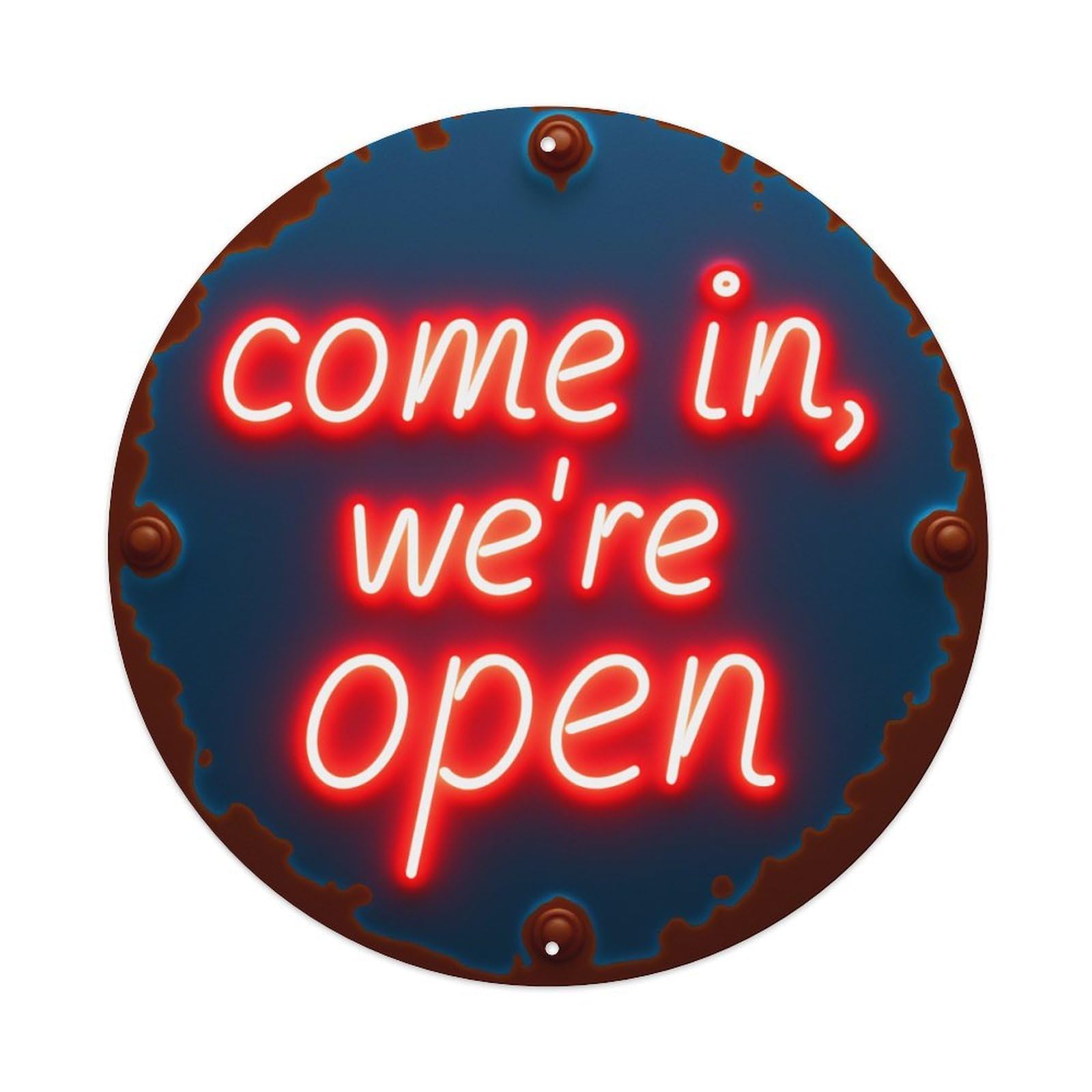 Wmlzdnwr Vintage Neon Sign With Red Glowing Text On Blue Background Round Tin Sign,Retro Wall Art,Metal Poster For Home, Bar, Garage, Cafe, Rustic Indoor & Outdoor Decor, 8X8 Inches