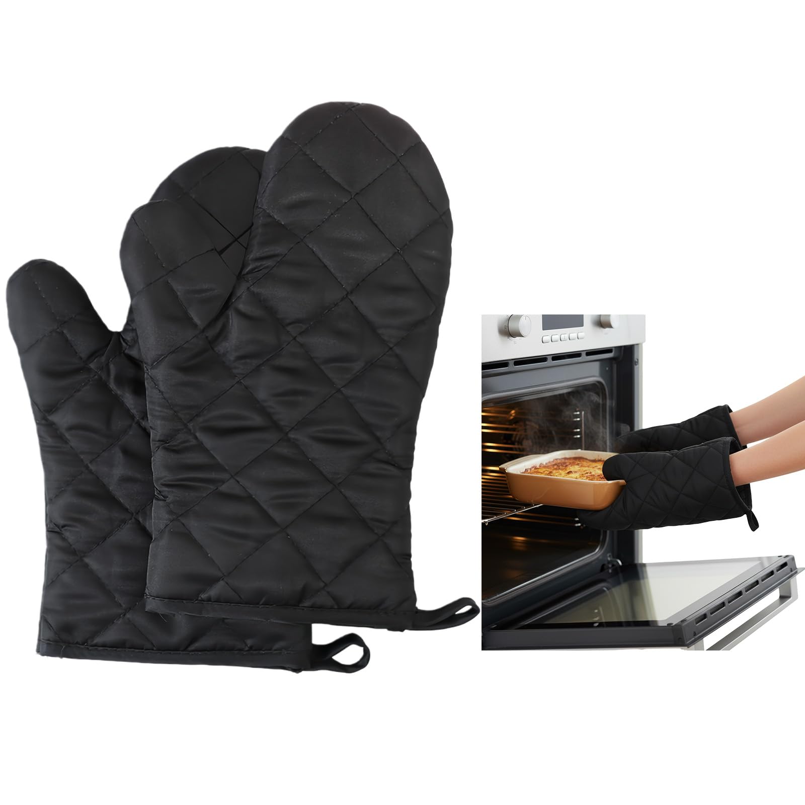 2 Stück Ofenhandschuhe Hitzebeständig – Dick gefütterte Backhandschuhe 28x14 cm, Ergonomische Topflappen-Handschuhe für Kochen, Backen & Grillen, Schwarz mit Aufhängeschlaufe, Geschenk zu Ostern