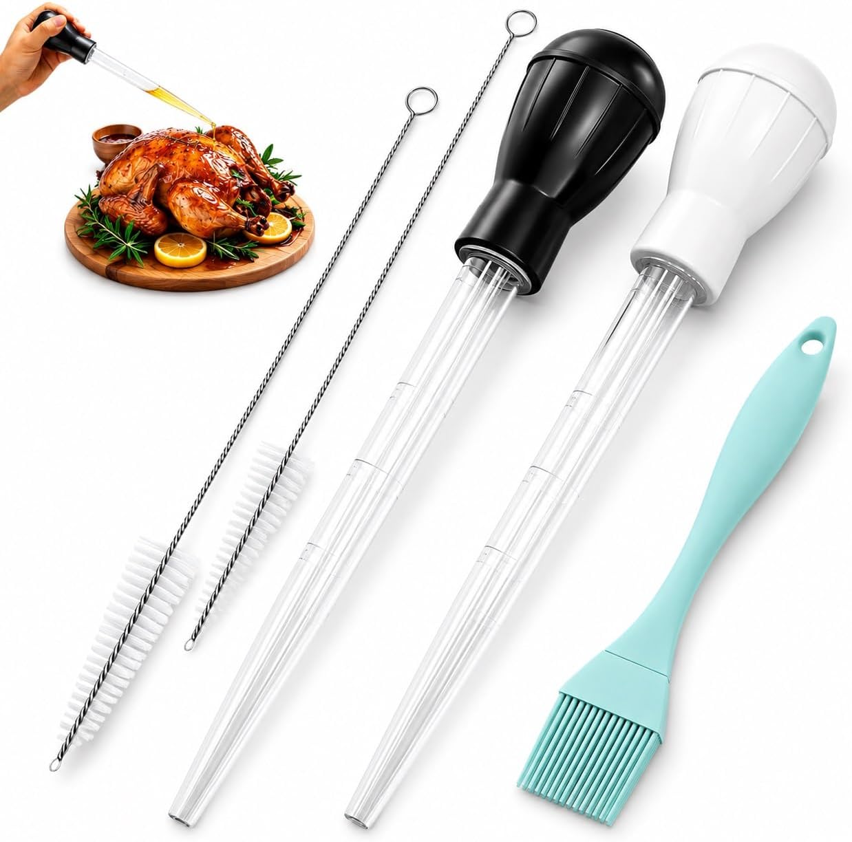 Turkey Baster for Cooking, 2 Basters, Basting Brush, 2 Cleaning Brushes