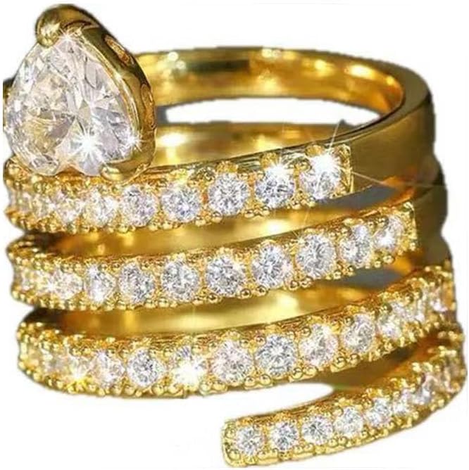 Gold Stackable Rings for Women Multi Layer Full Zircon Ring, 18k Gold Plated Sparkle Wedding Rings, Gold CZ Pave Heart Shape Promise Ring 9