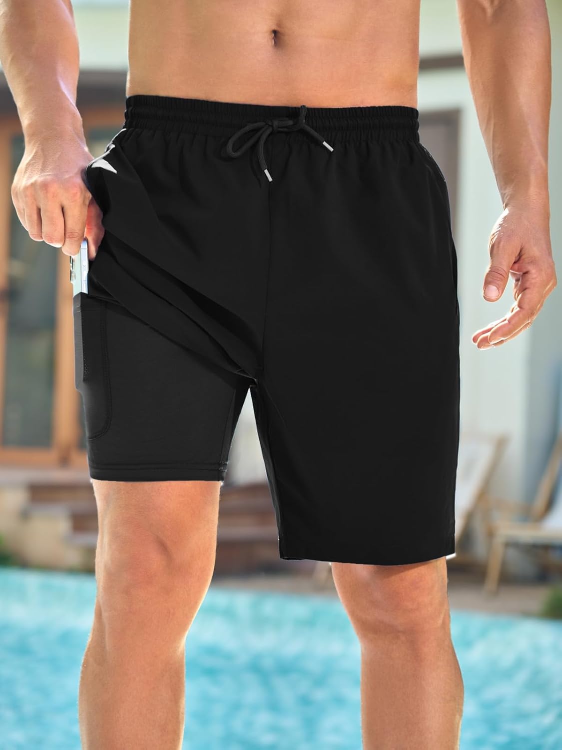 Mens Swim Trunks with Compression Liner Quick Dry Bathing Suit Waterproof Board Shorts with 3 Zipper Pockets