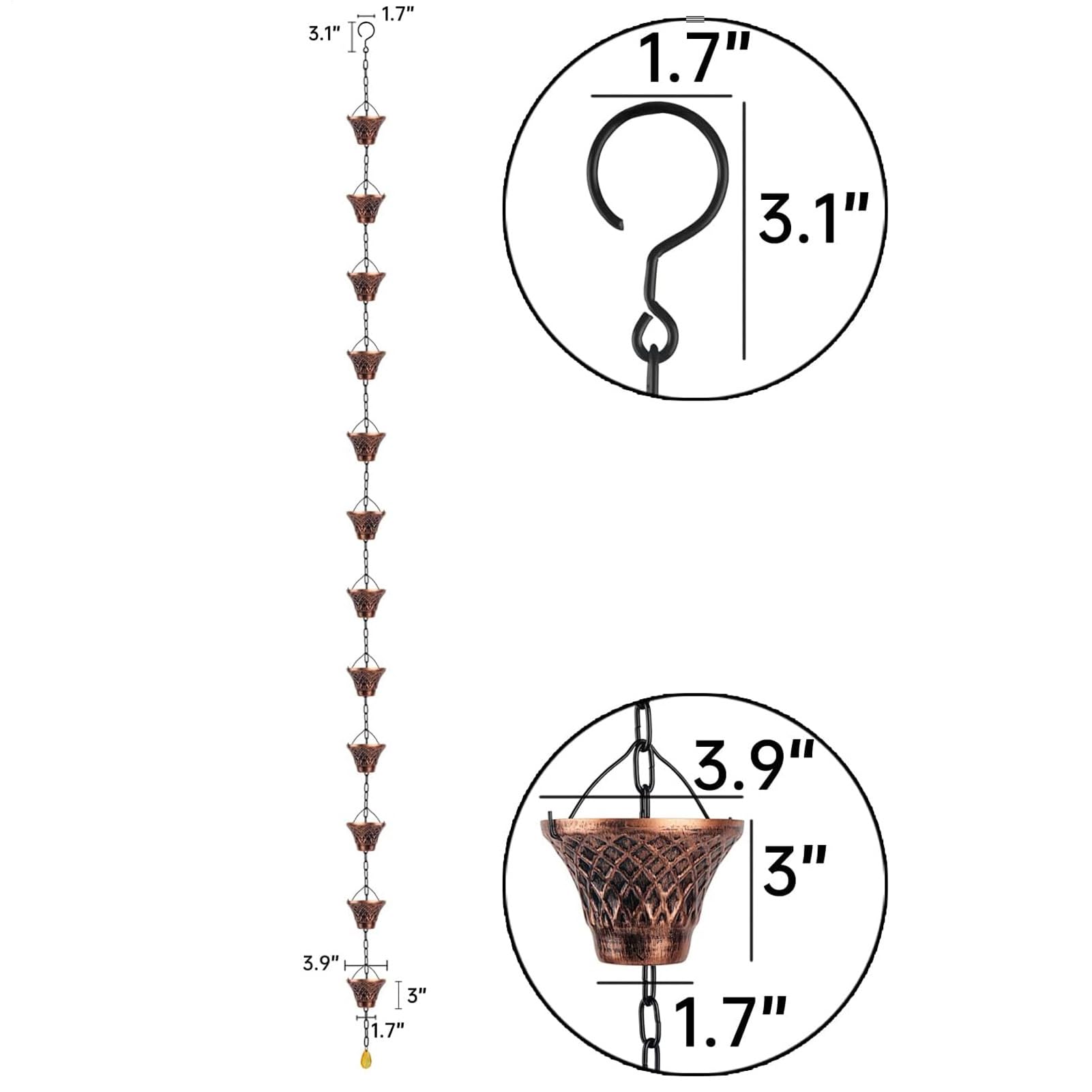 Catena antipioggia in rame – Catene da pioggia decorative per esterni | Catena da giardino, collezione di acqua piovana, pluviale danneggiata, fascia di ricambio per proprietari di case con giardini