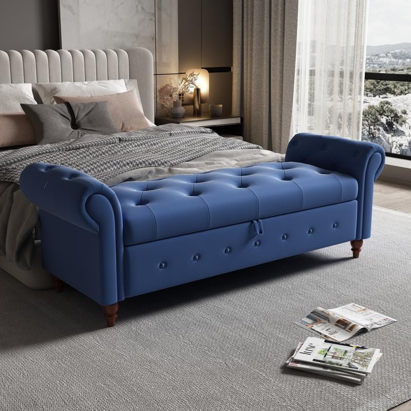 tfs luxurious tufted bench/settee/sofa with storage box 2 seatter for bedroom, living,office solid wood settee upholstered bench, beige colour, 50 inch length