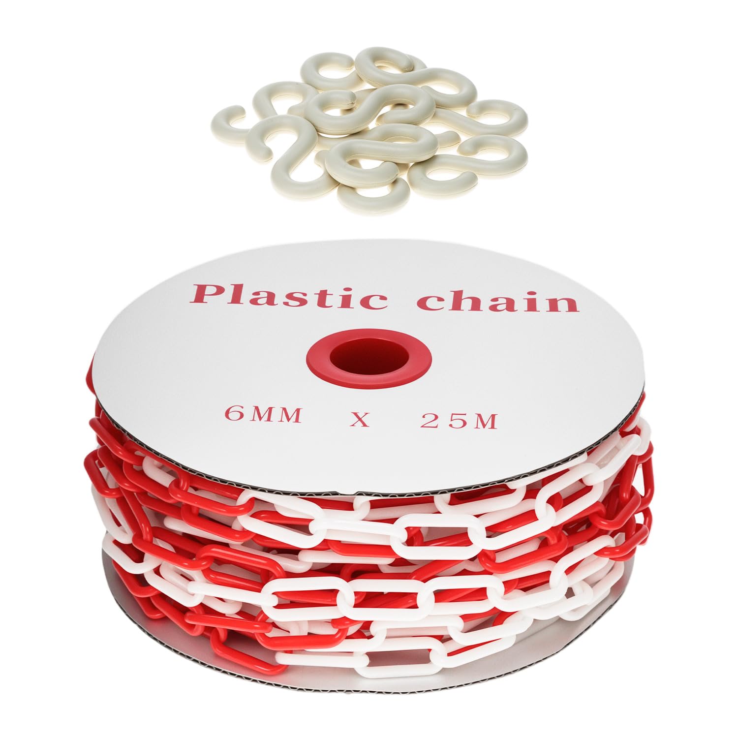 QWORK® 25m chaîne barrière rouge/blanc 6mm plastique, pour contrôle quantité, trafic, file d'attente