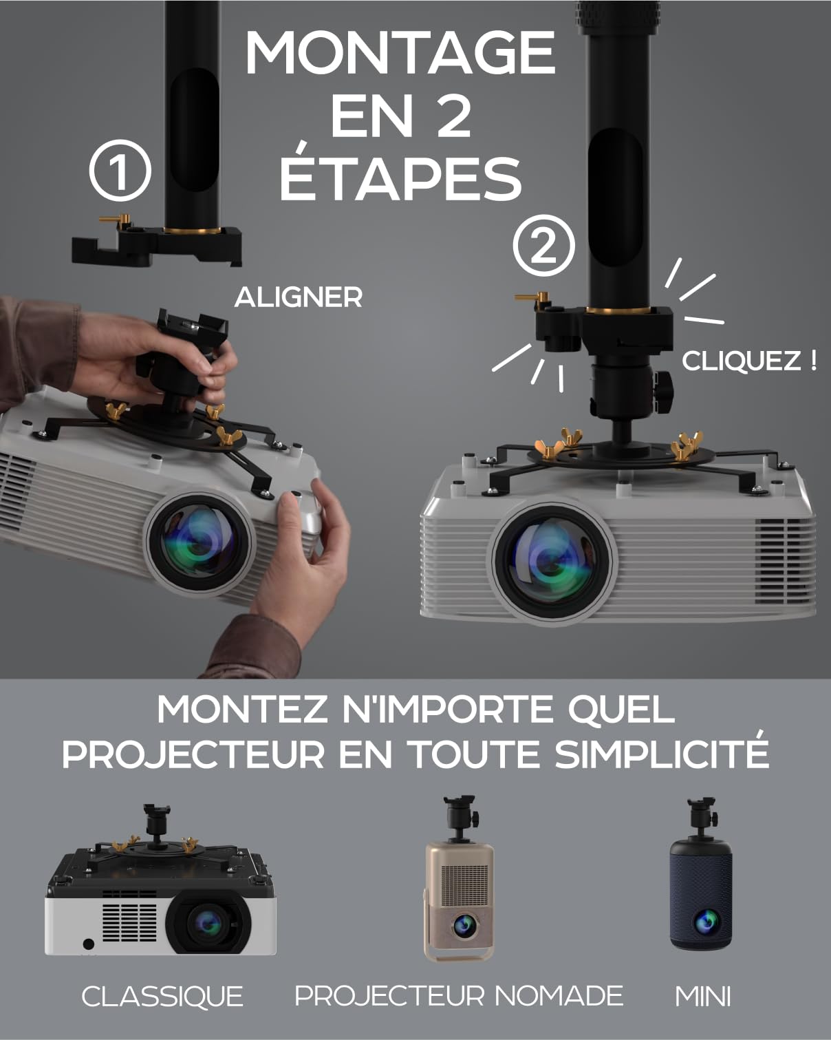 Support de projecteur Universel - Support de Plafond ou Mural réglable pour Mini-projecteurs de Bureau et domestiques - Mouvement Complet, Installation Facile, pivotant à 360°, Longueur 35-53 cm