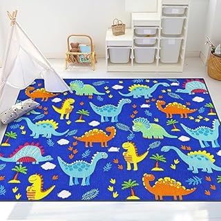 Capslpad Kids Dinosaur Rug 150x200cm Non Slip Kids Play Rug Machine Washable Colourful Cartoon Dinosaur Print Kids Area Rug Short Pile Dino Floor Carpet Mat for Kids Room Playroom Nursery Room Decor