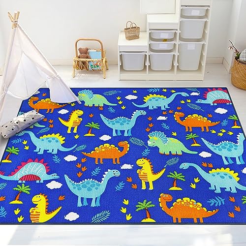Capslpad Kids Dinosaur Rug 150x200cm Non Slip Kids Play Rug Machine Washable Colourful Cartoon Dinosaur Print Kids Area Rug Short Pile Dino Floor Carpet Mat for Kids Room Playroom Nursery Room Decor