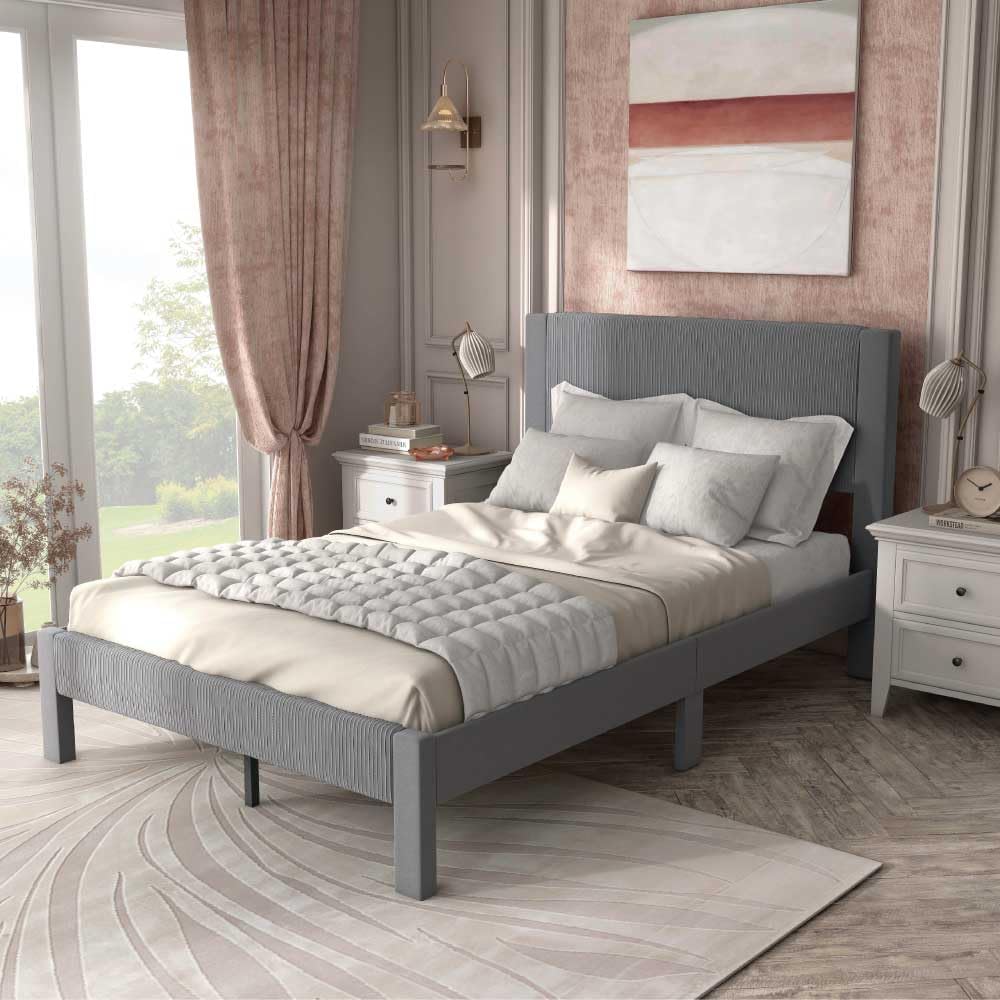 Furniture of America Freya Modern Velvet Upholstered Platform Bed Frame Full Size with Channel Style Upholstered Headboard and Wooden Slats Support, No Box Spring Needed, Gray