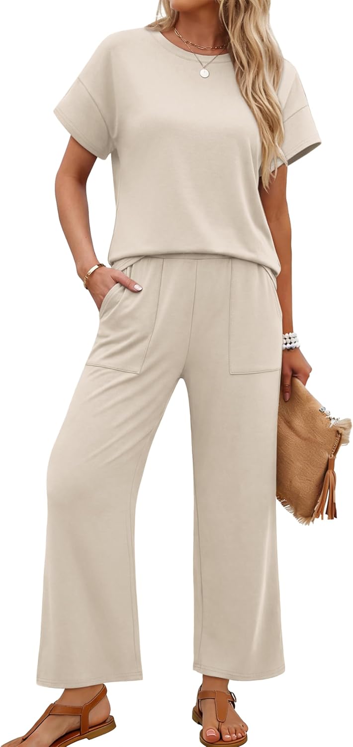 Sampeel Two Piece Sets for Women Cruise Travel Vacation Summer Outfits Lounge Matching Sets Women Clothing Wide Leg Pants Set