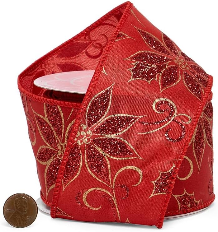 2 1/2" X 10 Yards Glittered Poinsettias Red Ribbon Christmas
