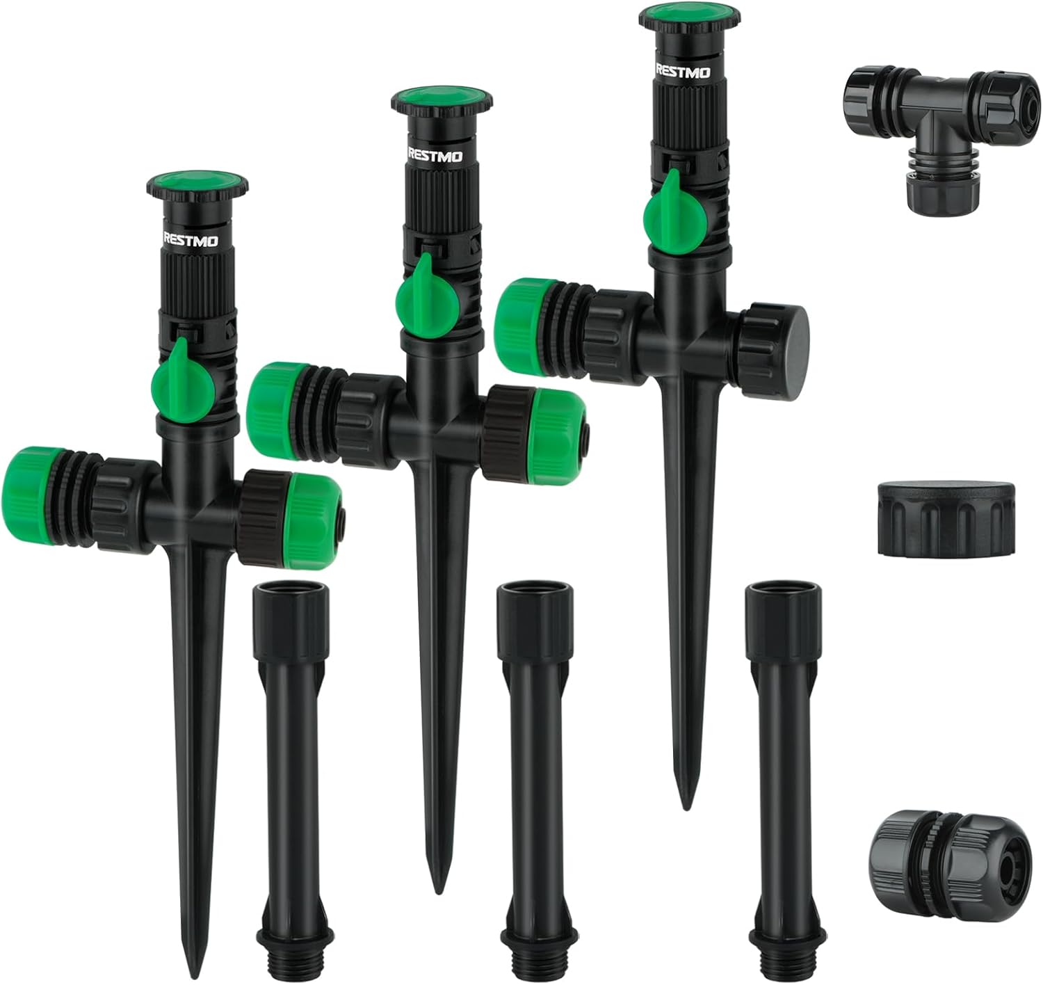 RESTMO Above Ground Sprinkler System, Flexible DIY Irrigation Kit, Multi-Adjustable Lawn Sprinkler for Garden Plant, Flower Bed and Large Yard Area Watering, Garden Hose is Not Included, Green, 3 Pack